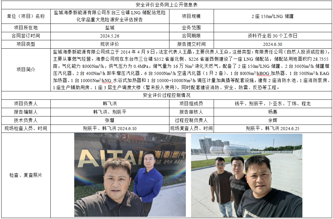 盐城海泰新能源有限公司东台三仓镇LNG储配站危险化学品重大危险源安全评估报告