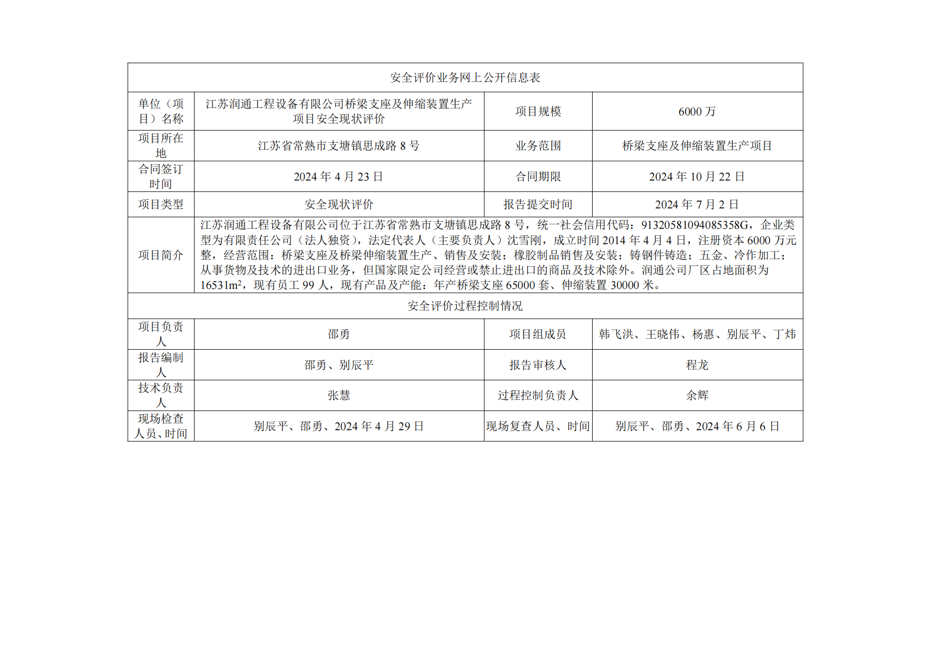 江苏润通工程设备有限公司桥梁支座及伸缩装置生产项目安全现状评价