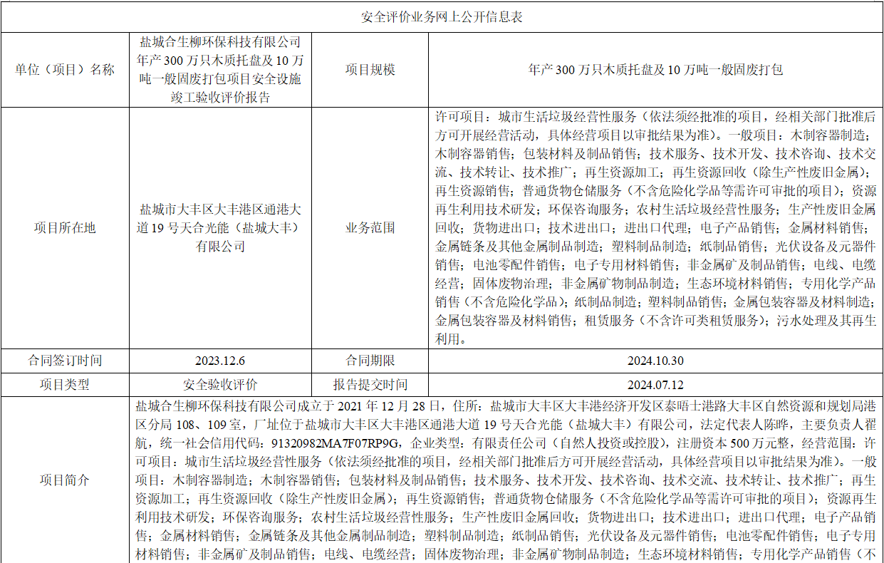 盐城合生柳环保科技有限公司年产300万只木质托盘及10万吨一般固废打包项目安全设施竣工验收评价报告