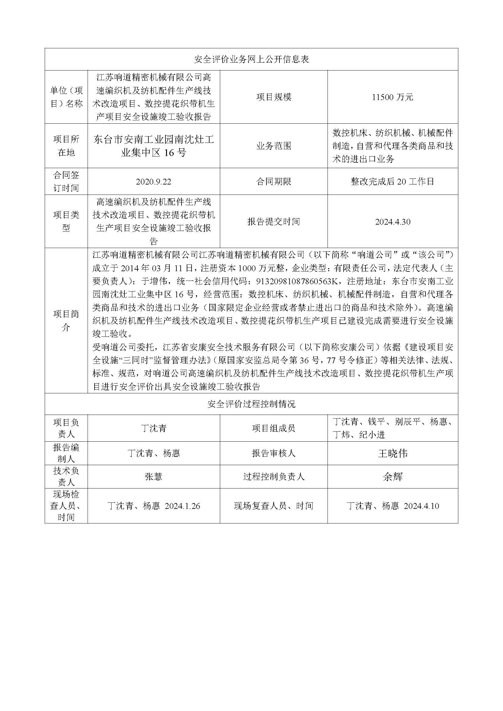 江苏响道精密机械有限公司高速编织机及纺机配件生产线技术改造项目、数控提花织带机生产项目安全设施竣工验收报告