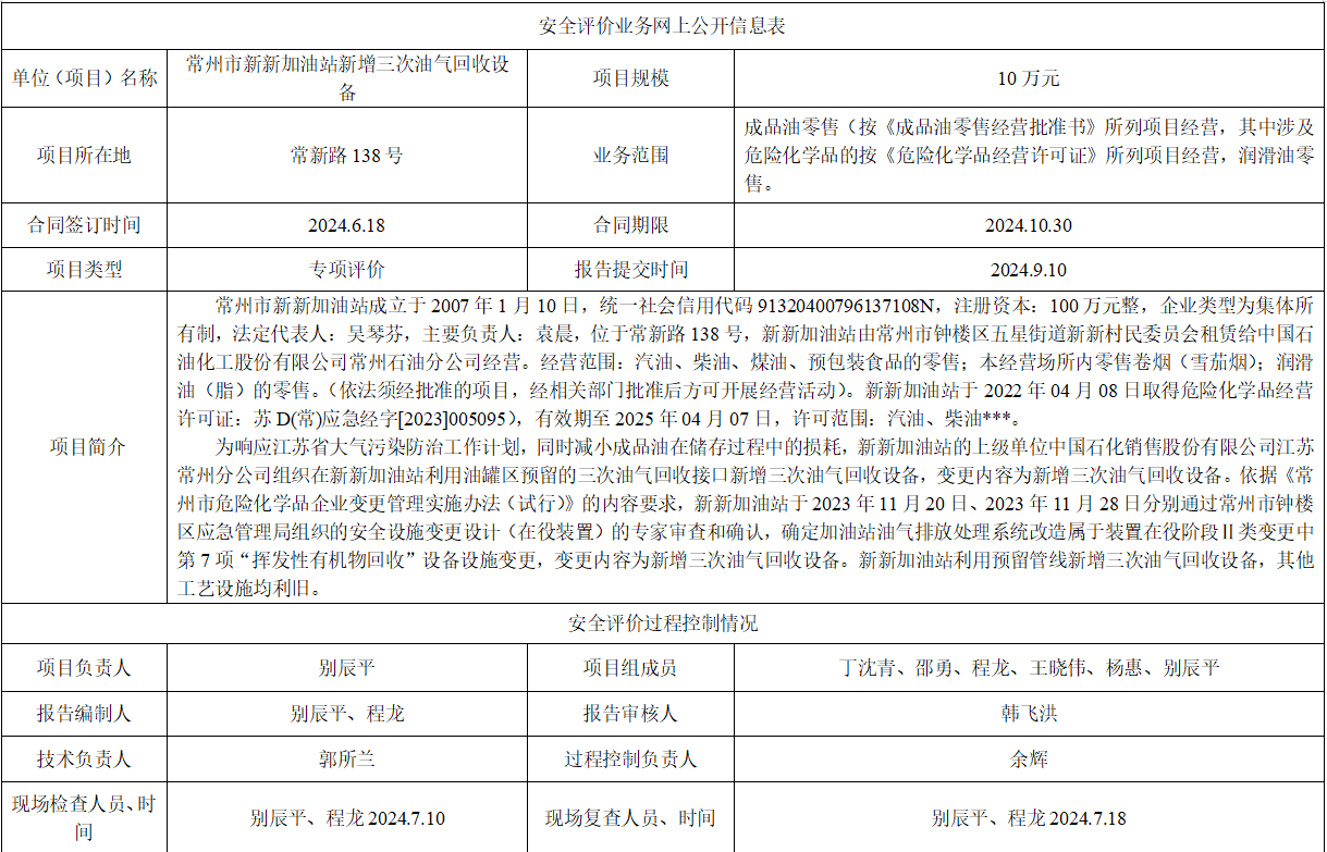 常州市新新加油站新增三次油气回收设备专项安全评价