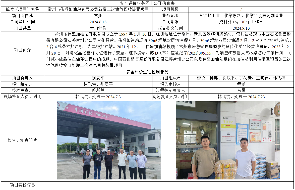 常州市伟盛加油站有限公司新增三次油气回收装置项目