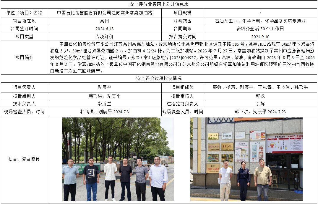中国石化销售股份有限公司江苏常州常嘉加油站新增三次油气回收装置项目