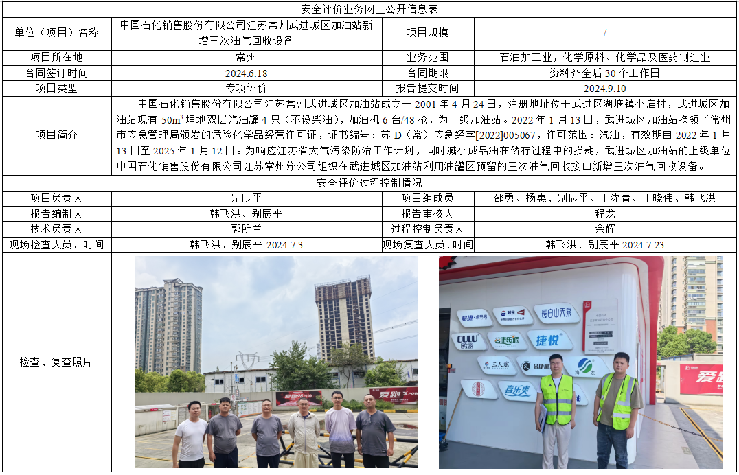 中国石化销售股份有限公司江苏常州武进城区加油站新增三次油气回收设备