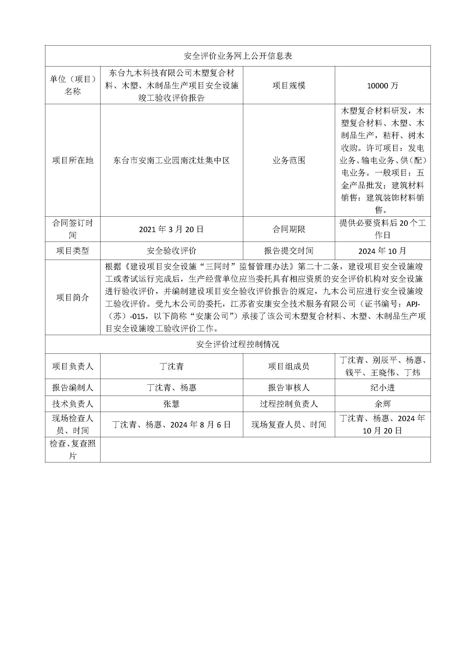 东台九木科技有限公司木塑复合材料、木塑、木制品生产项目安全设施竣工验收评价报告