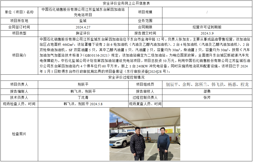 中国石化销售股份有限公司江苏盐城东台第四加油站充电站项目