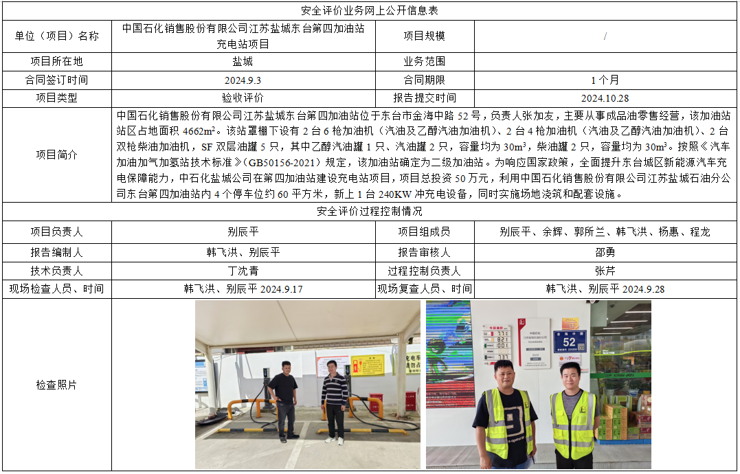 中国石化销售股份有限公司江苏盐城东台第四加油站充电站项目验收评价