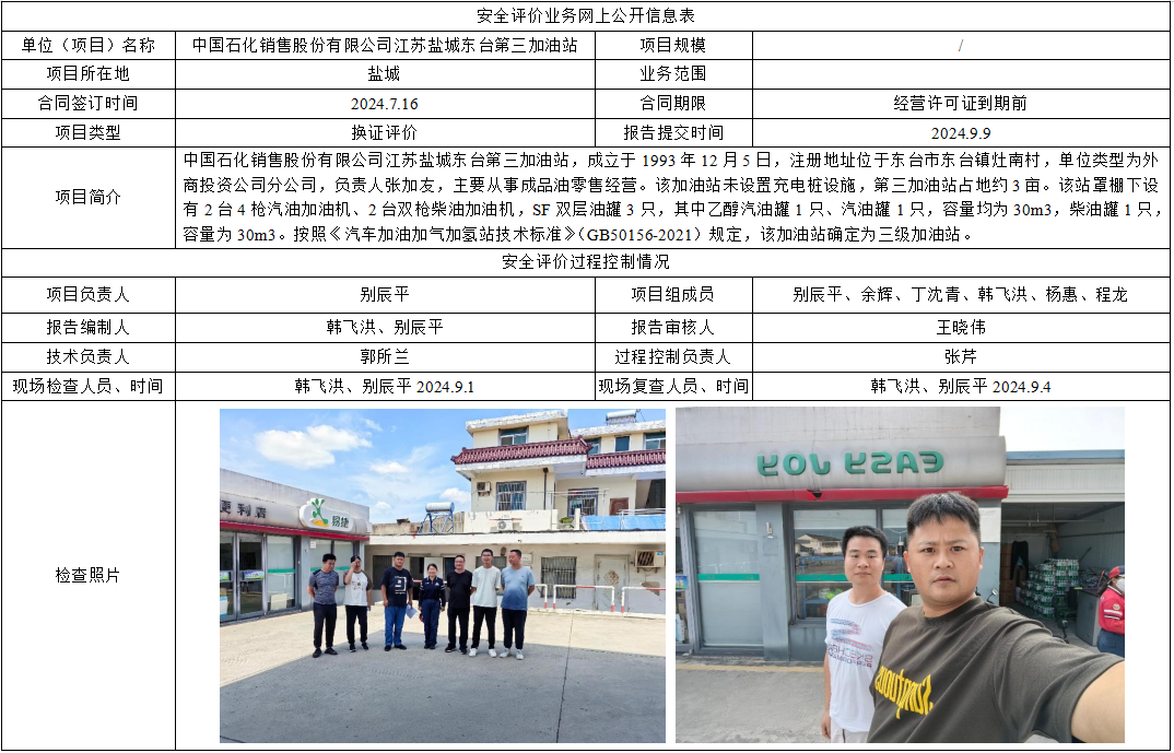 中国石化销售股份有限公司江苏盐城东台第三加油站换证评价