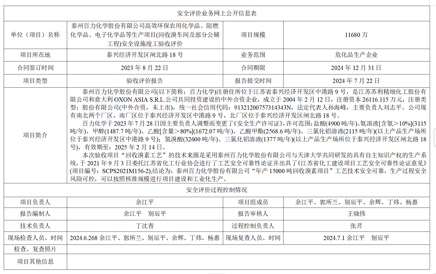 泰州百力化学股份有限公司高效环保农用化学品、阻燃化学品、电子化学品等生产项目(回收溴车间及部分公辅工程)安全设施竣工验收评价