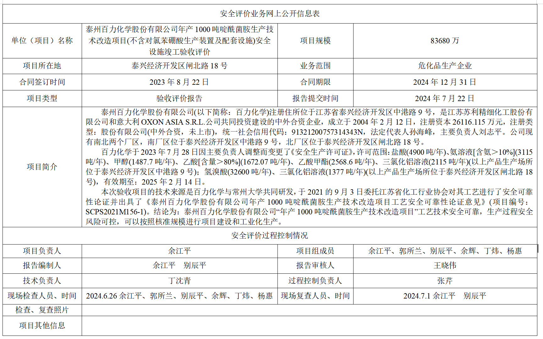 泰州百力化学股份有限公司年产1000吨啶酰菌胺生产技术改造项目(不含对氯苯硼酸生产装置及配套设施)安全设施竣工验收评价