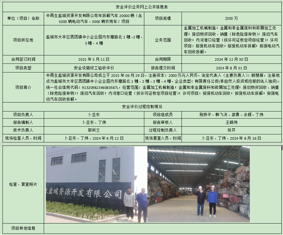 中再生盐城资源开发有限公司年拆解汽车20000辆（含5000辆电动汽车、3000辆农用车）项目