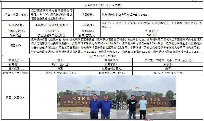 江苏国信高邮热电有限责任公司新建一台50t/h燃气供热锅炉建设项目安全设施竣工验收评价报告