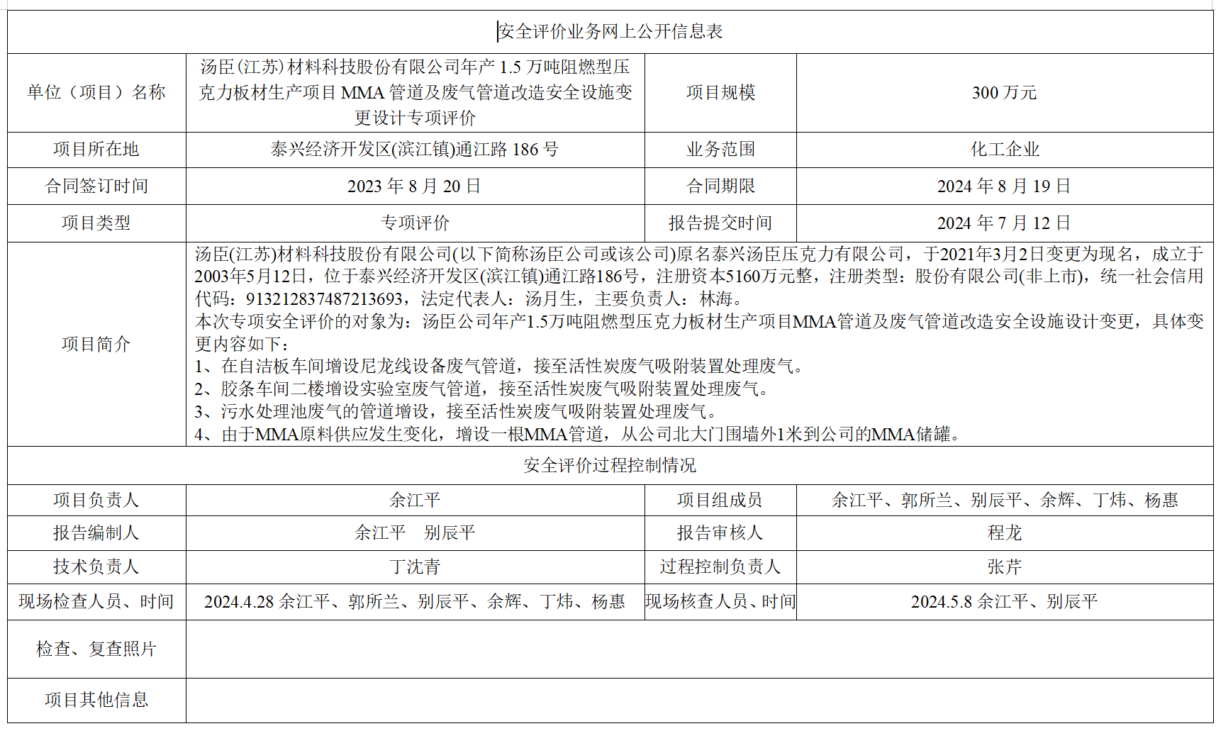 汤臣(江苏)材料科技股份有限公司年产1.5万吨阻燃型压克力板材生产项目MMA管道及废气管道改造安全设施变更设计专项评价
