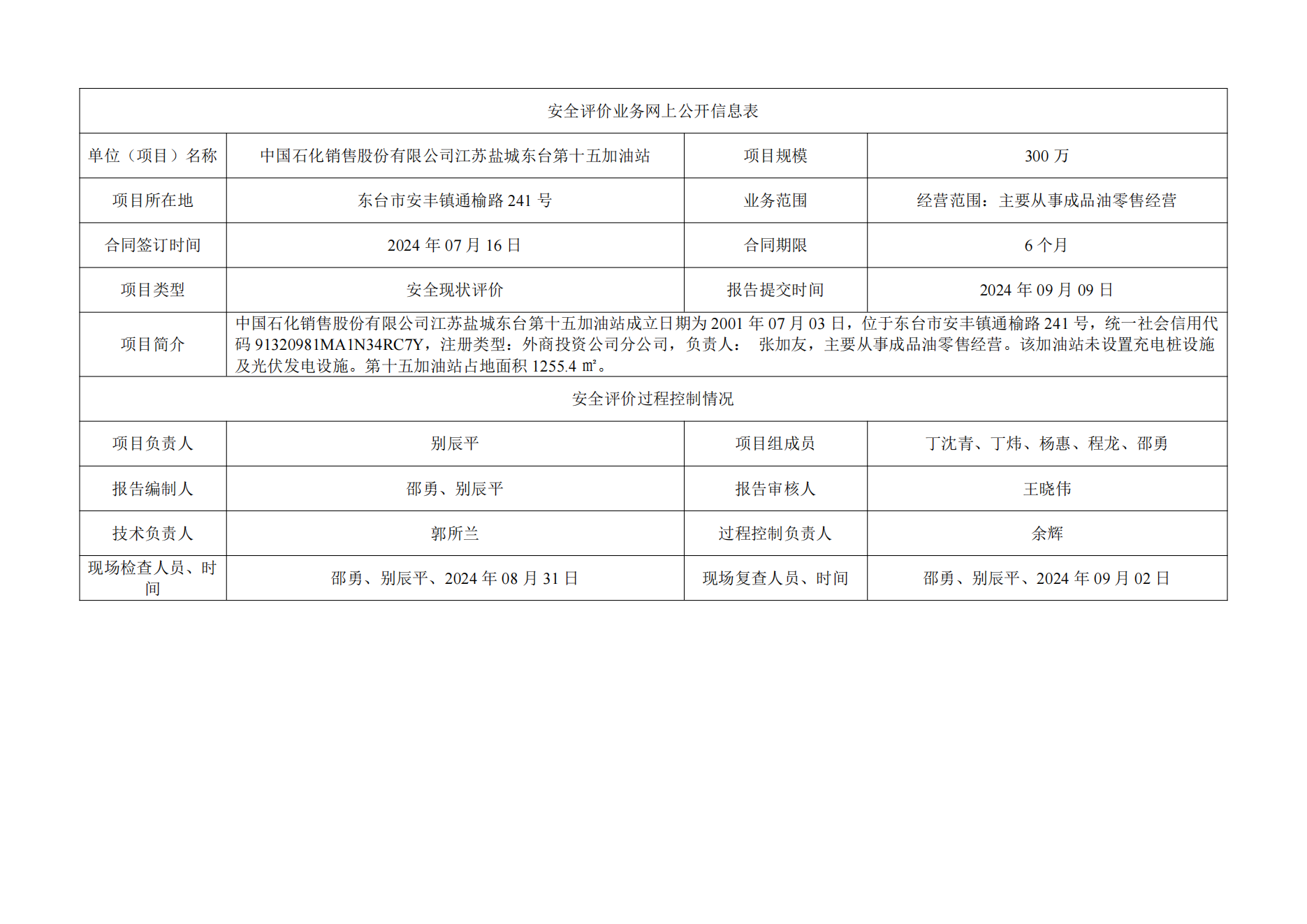 中国石化销售股份有限公司江苏盐城东台第十五加油站安全评价报告