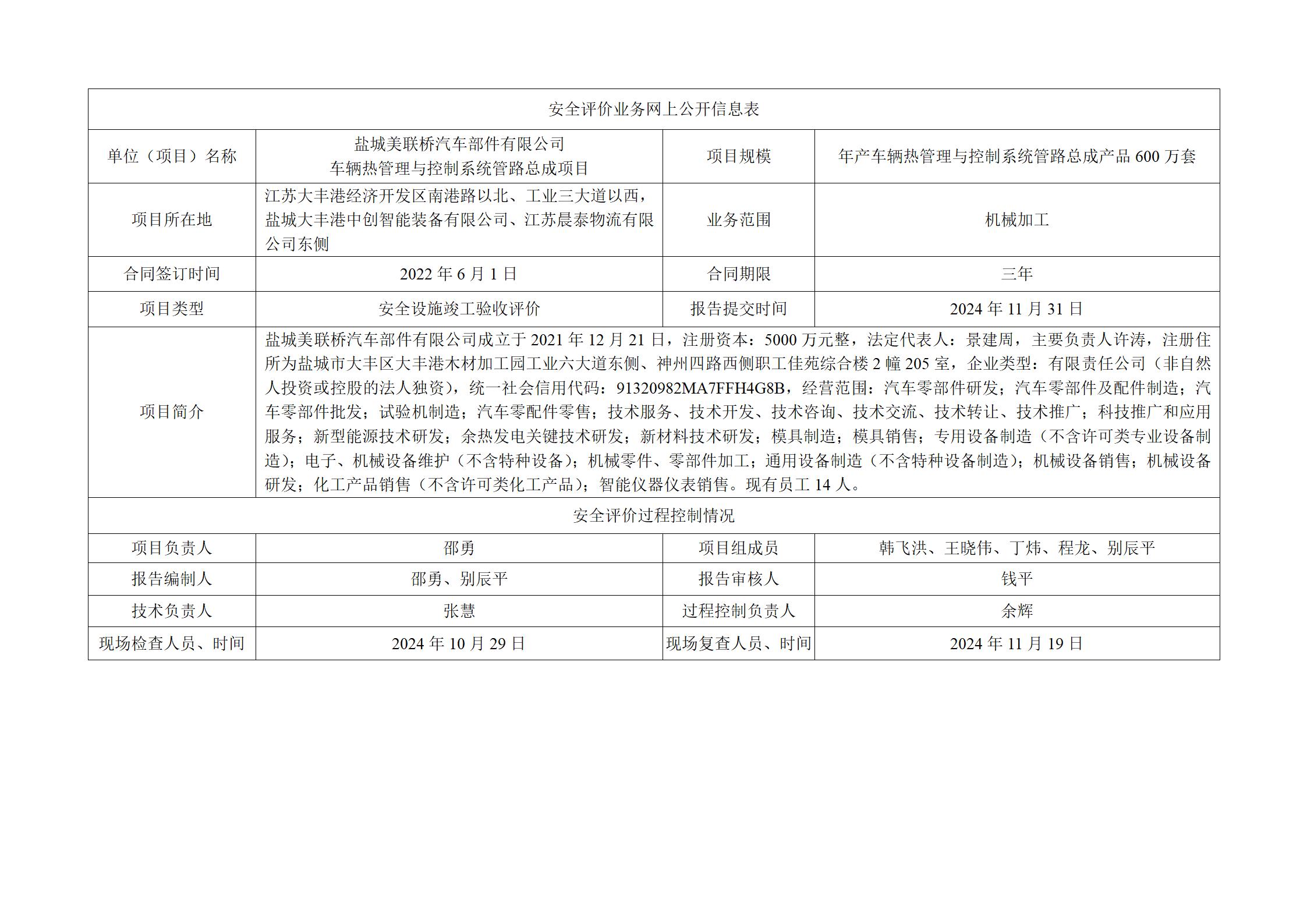 盐城美联桥汽车部件有限公司车辆热管理与控制系统管路总成项目安全设施竣工验收评价报告