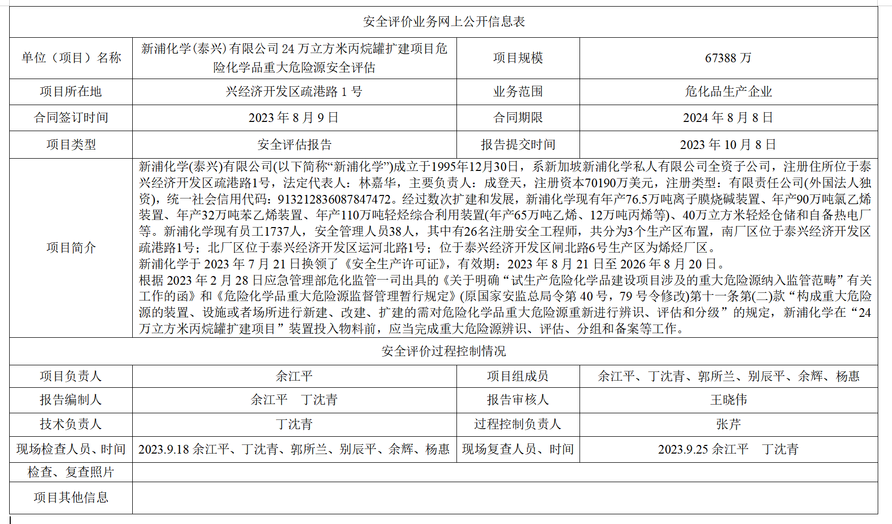 新浦化学(泰兴)有限公司24万立方米丙烷罐扩建项目危险化学品重大危险源安全评估