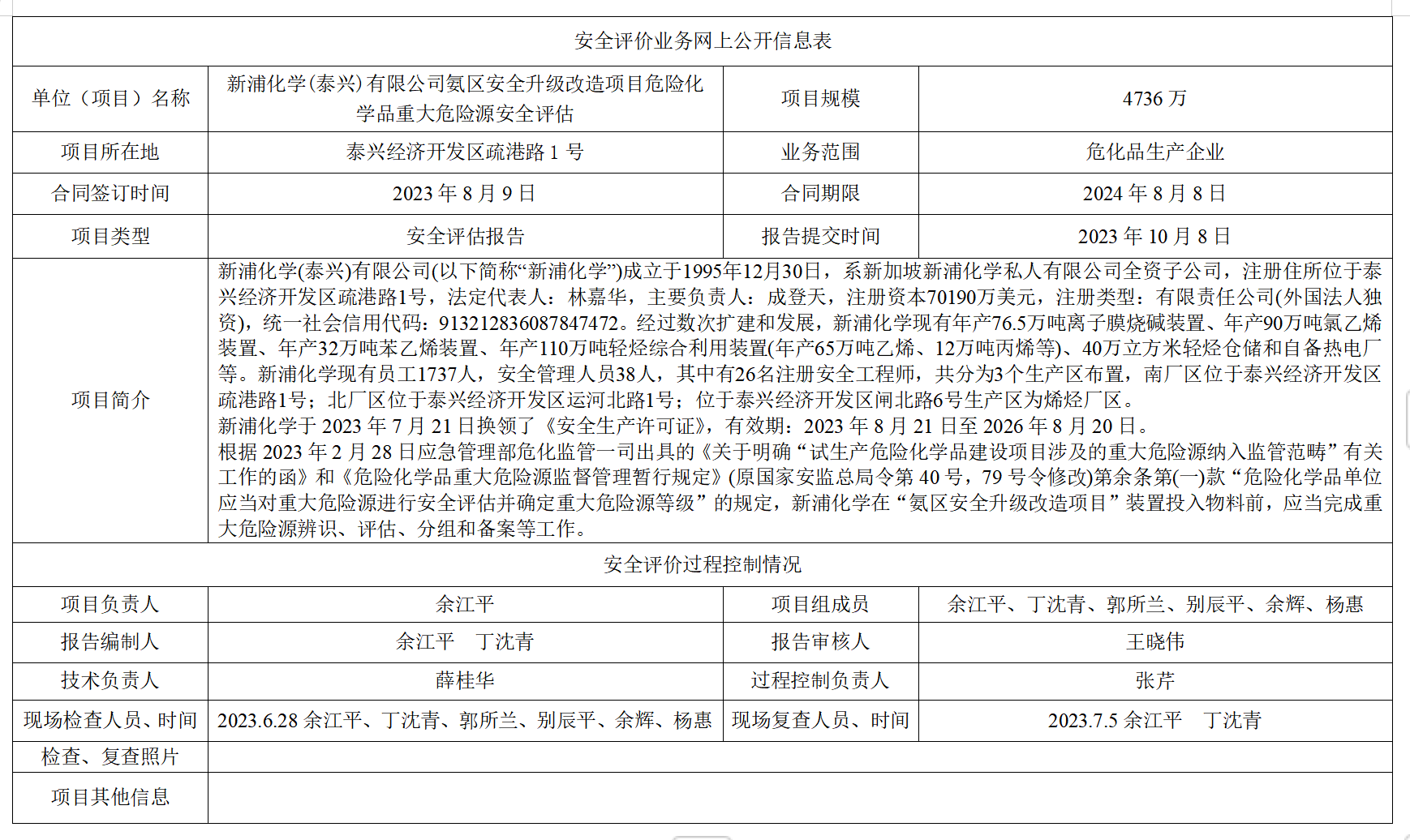 新浦化学(泰兴)有限公司氨区安全升级改造项目危险化学品重大危险源安全评估