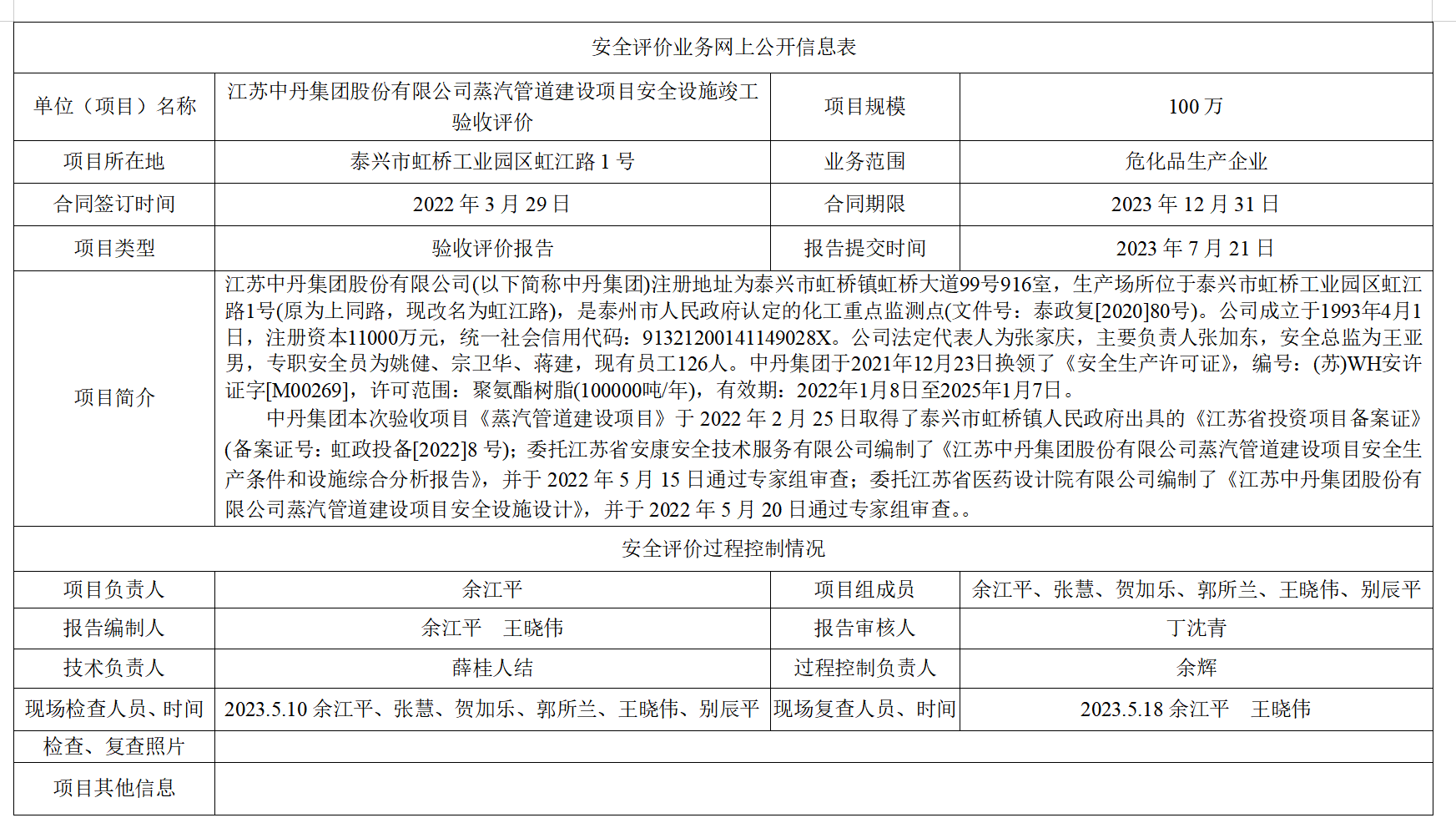 江苏中丹集团股份有限公司蒸汽管道建设项目安全设施竣工验收评价
