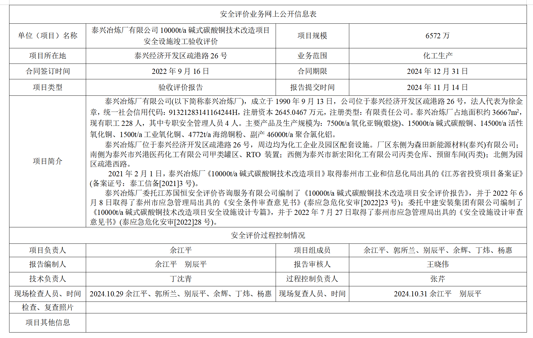 泰兴冶炼厂有限公司10000t/a碱式碳酸铜技术改造项目安全设施竣工验收评价