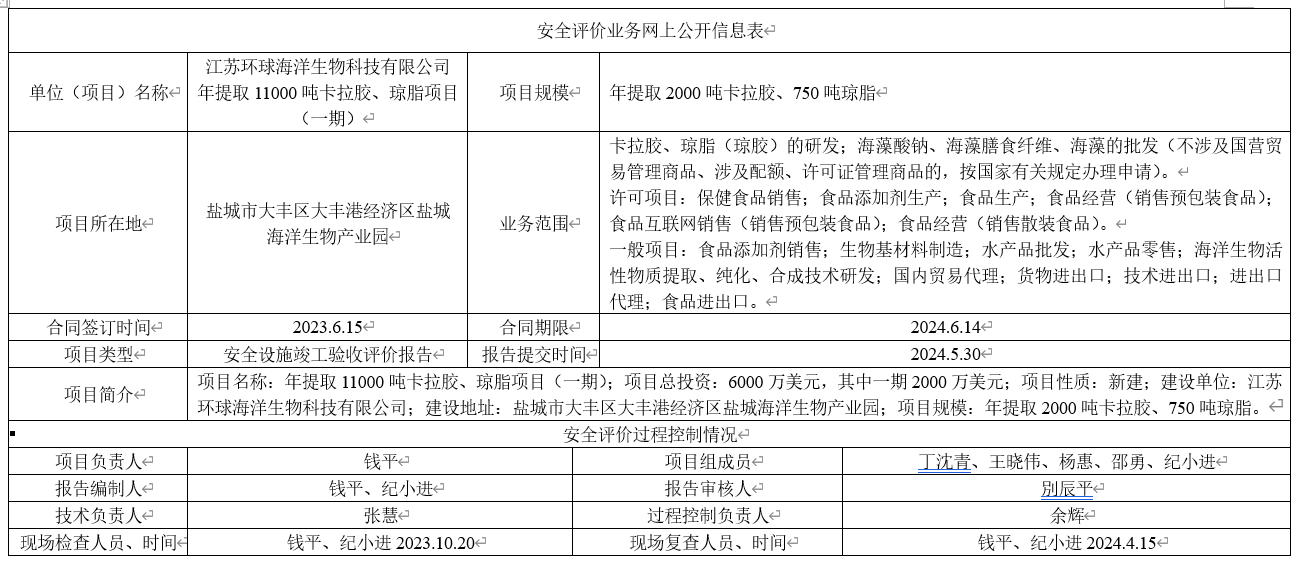 江苏环球海洋生物科技有限公司年提取11000吨卡拉胶、琼脂项目（一期）安全设施竣工验收评价报告