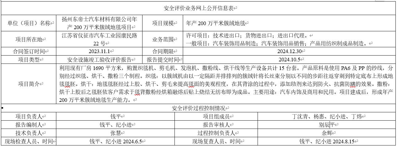 扬州东帝士汽车材料有限公司年产200万平米簇绒地毯项目安全设施竣工验收评价报告