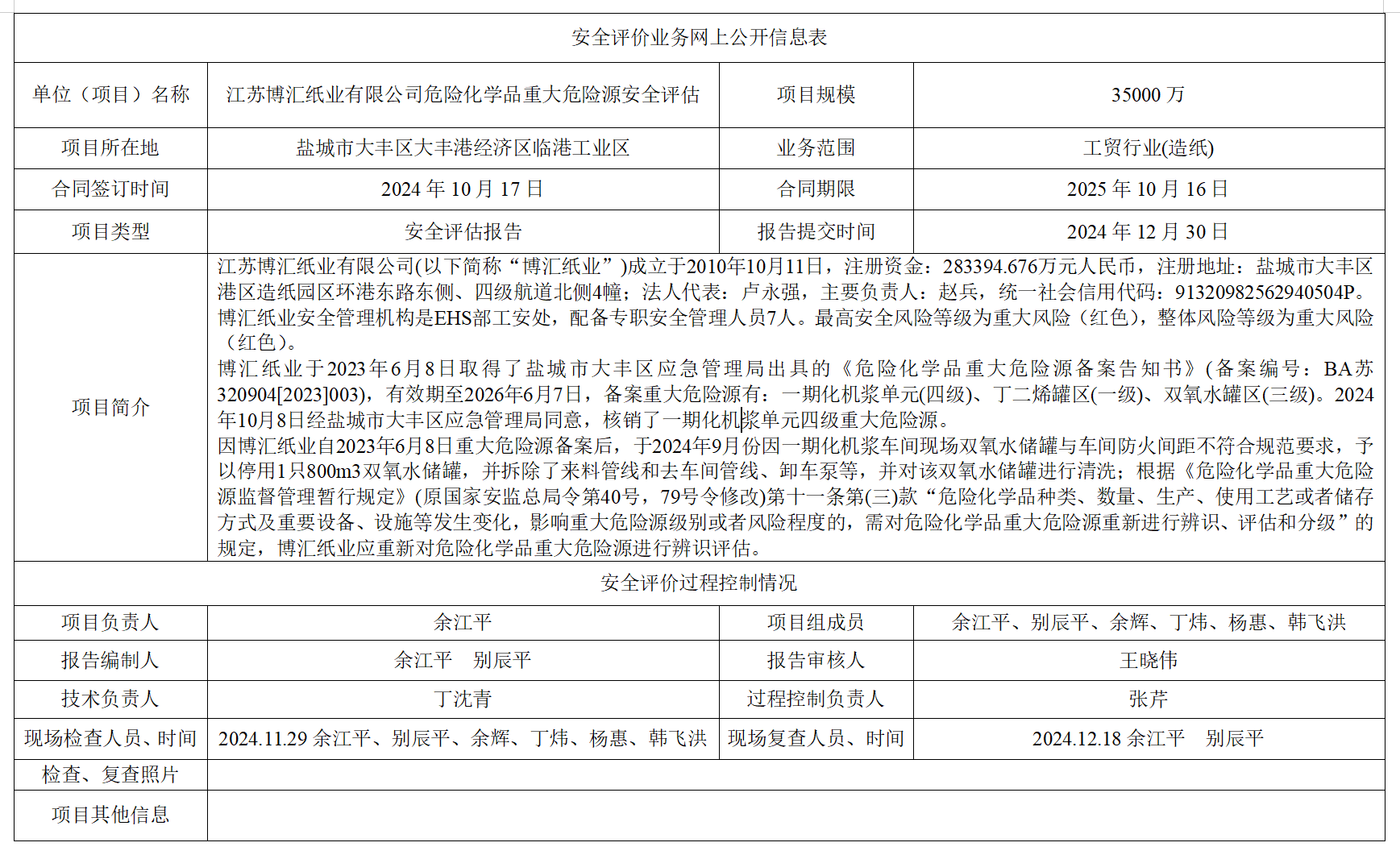 江苏博汇纸业有限公司危险化学品重大危险源安全评估