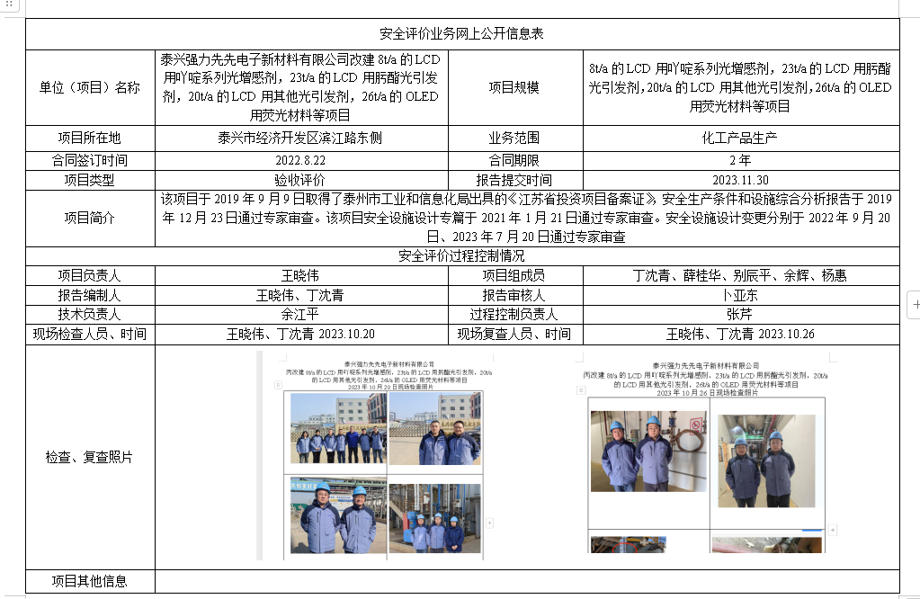 泰兴强力先先电子新材料有限公司改建8t/a的LCD用吖啶系列光增感剂，23t/a的LCD用肟酯光引发剂，20t/a的LCD用其他光引发剂，26t/a的OLED用荧光材料等项目