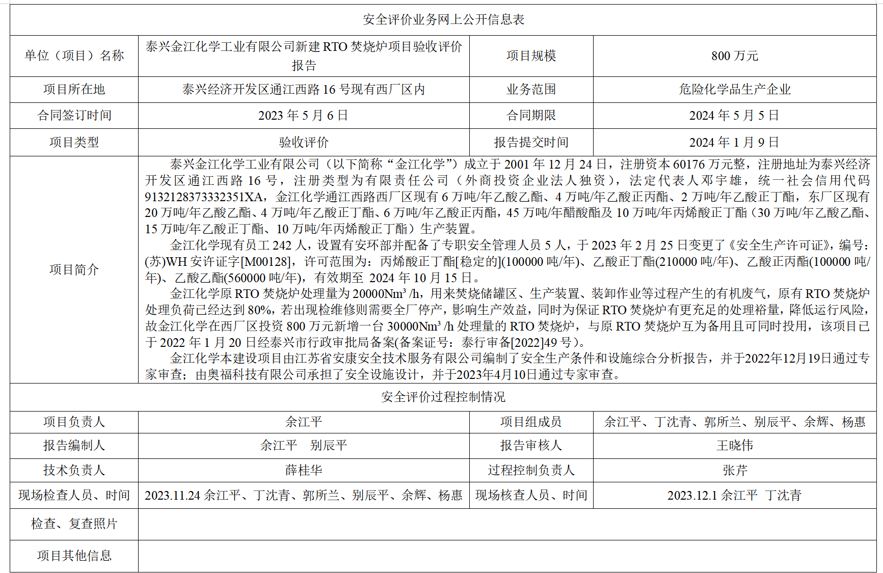 泰兴金江化学工业有限公司新建RTO焚烧炉项目验收评价报告