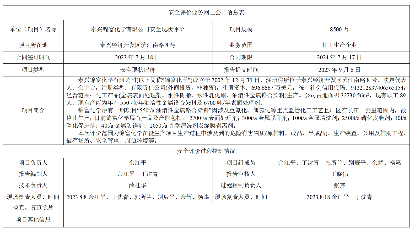 泰兴锦富化学有限公司安全现状评价(2023年度)