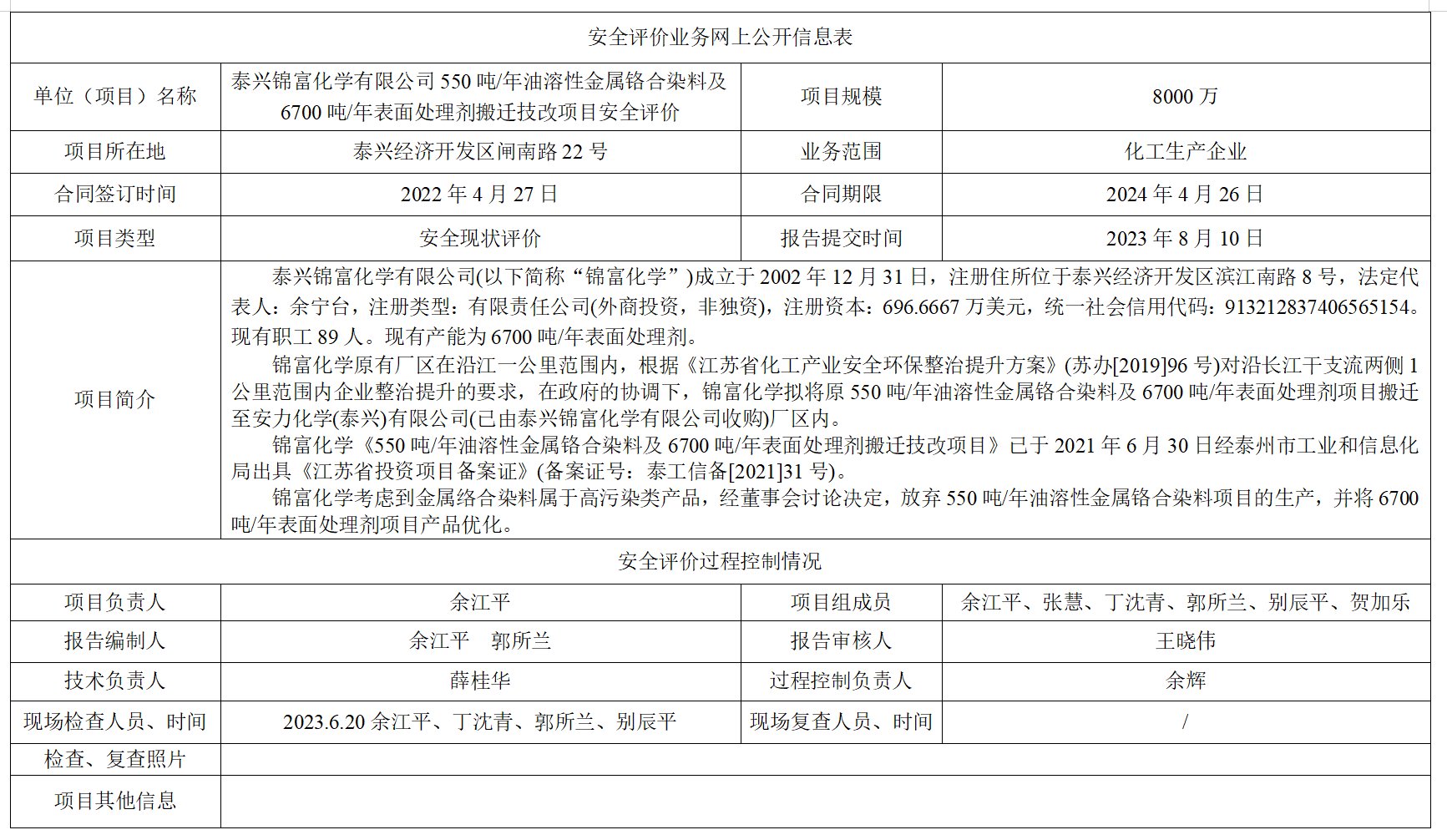 泰兴锦富化学有限公司550吨/年油溶性金属铬合染料及6700吨/年表面处理剂搬迁技改项目安全评价