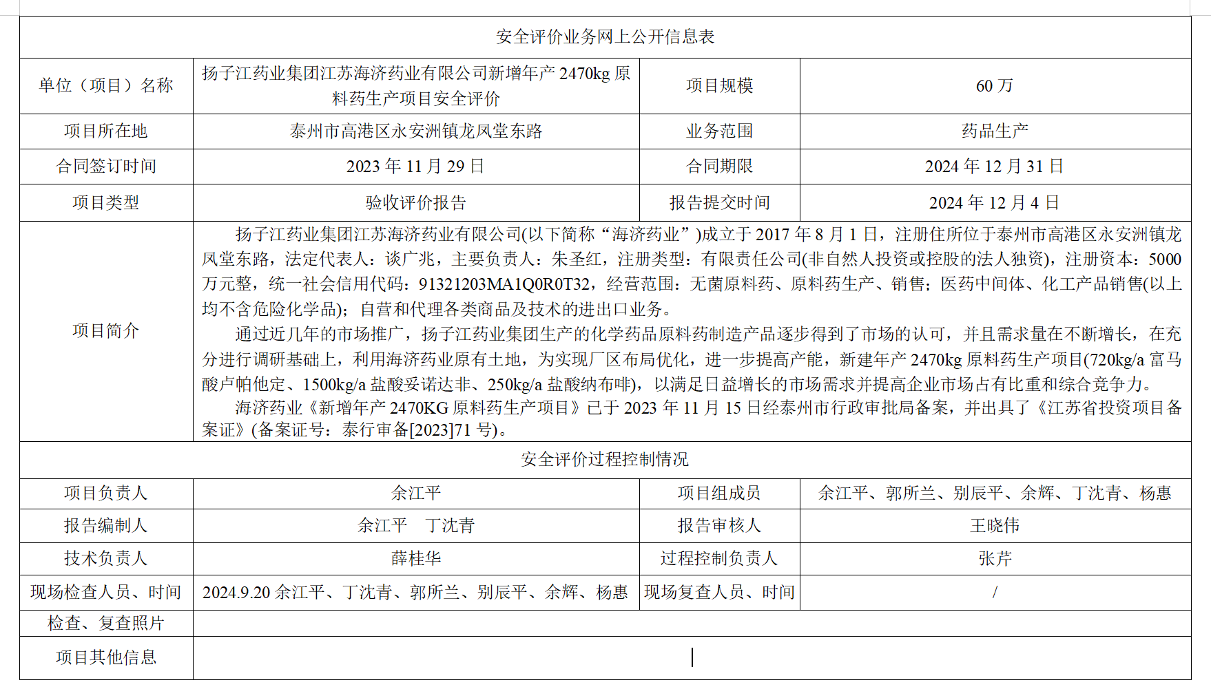 扬子江药业集团江苏海济药业有限公司新增年产2470kg原料药生产项目安全评价