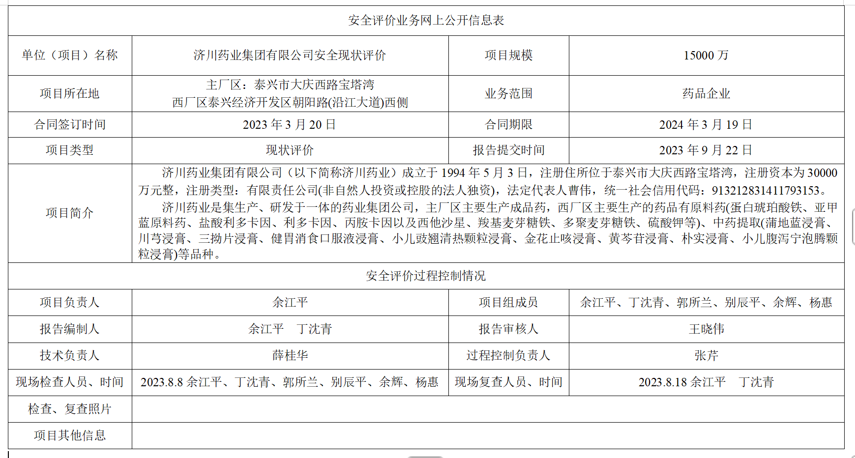济川药业集团有限公司安全现状评价(2023年度)