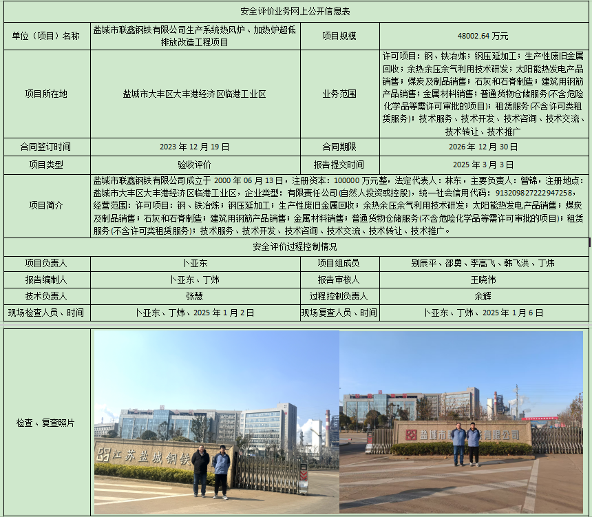 联鑫钢铁生产系统热风炉、加热炉超低排放改造工程项目验收