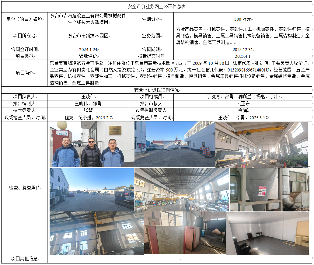 东台市吉海建筑五金有限公司机械配件生产线技术改造项目