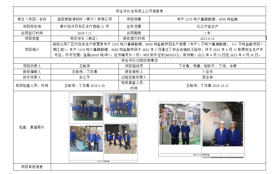 森田新能源材料（泰兴）有限公司安全现状评价(换证)