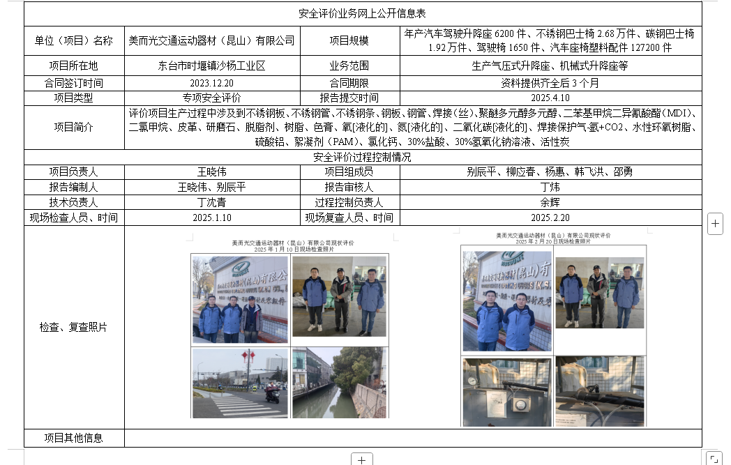 美而光交通运动器材（昆山）有限公司安全现状评价