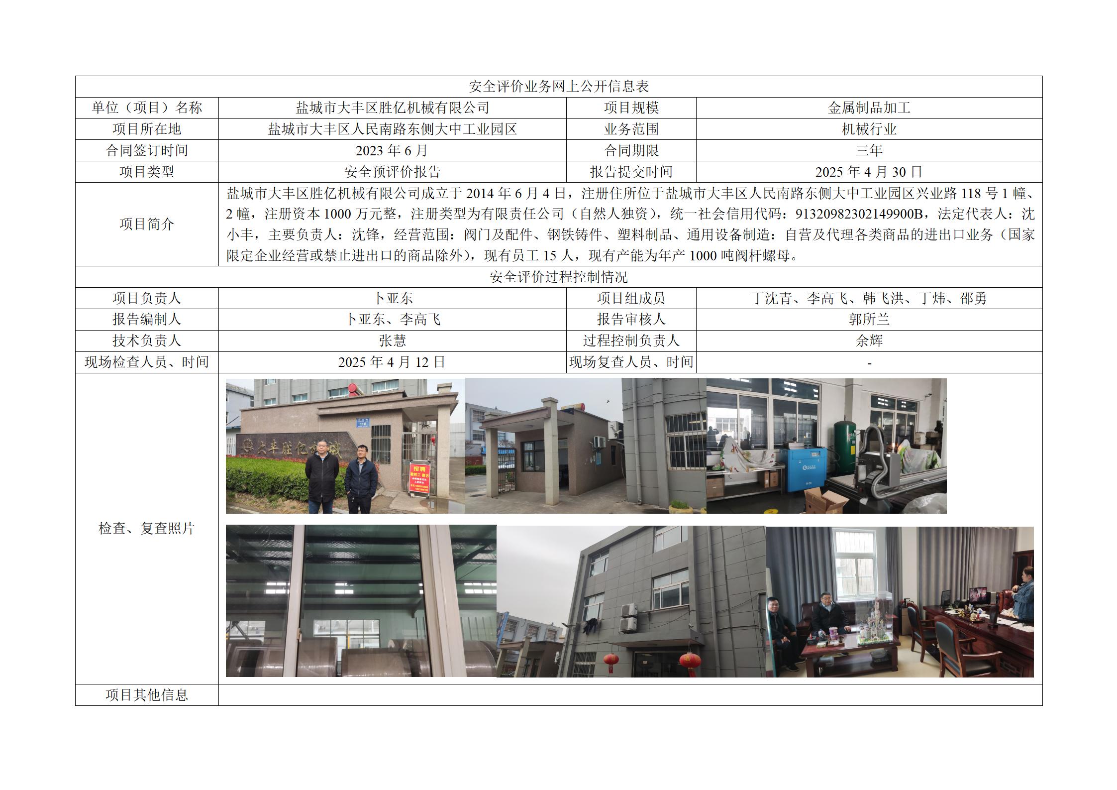 盐城市大丰区胜亿机械有限公司新建年产2000吨阀杆螺母项目安全预评价报告