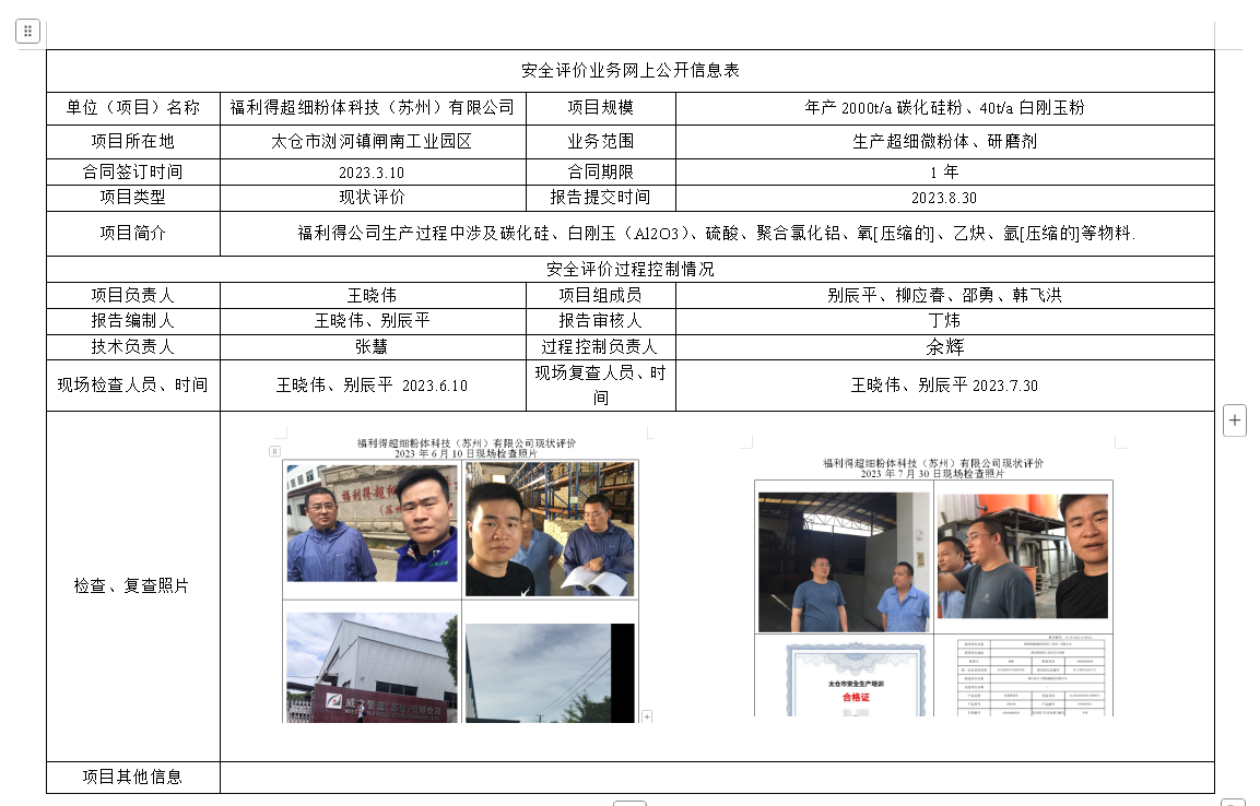 福利得超细粉体科技（苏州）有限公司安全现状评价