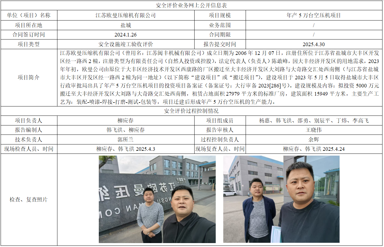江苏欧曼压缩机有限公司年产5万台空压机项目