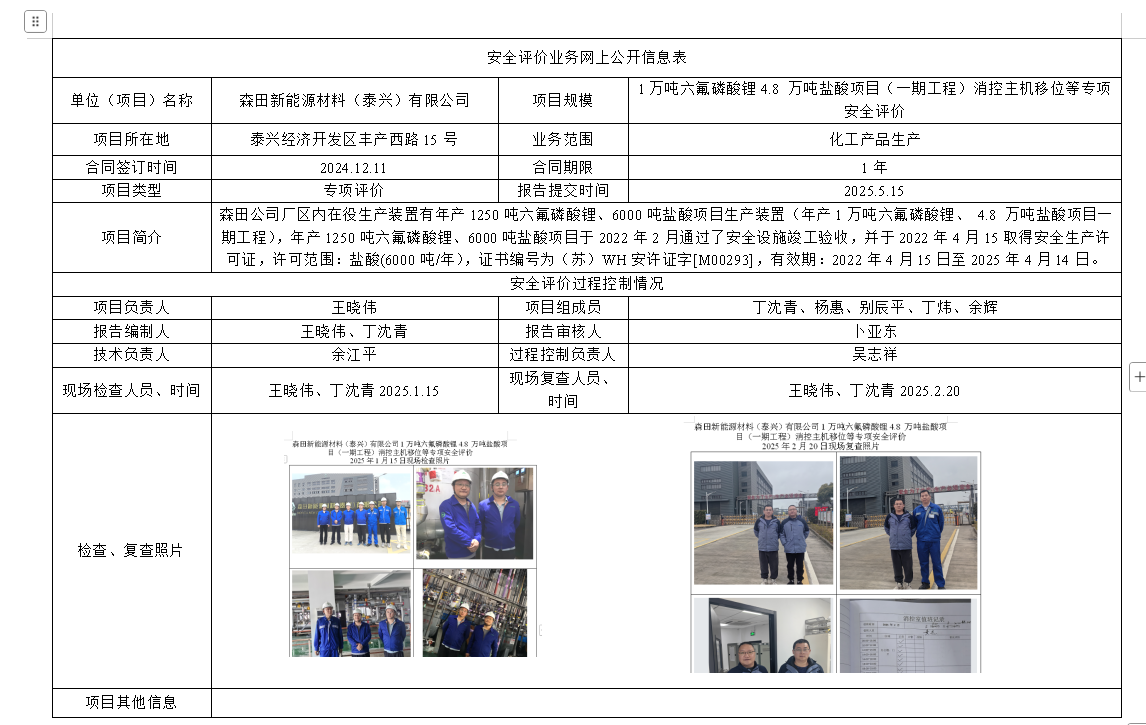 森田新能源材料（泰兴）有限公司1万吨六氟磷酸锂4.8 万吨盐酸项目（一期工程）消控主机移位等专项安全评价
